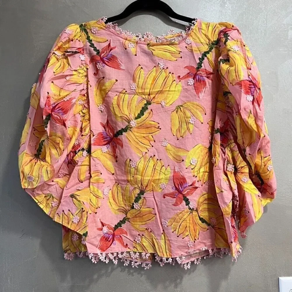Anthropologie Farm Rio Banana Taste Applique Puff Sleeve Blouse Pink XS NEW